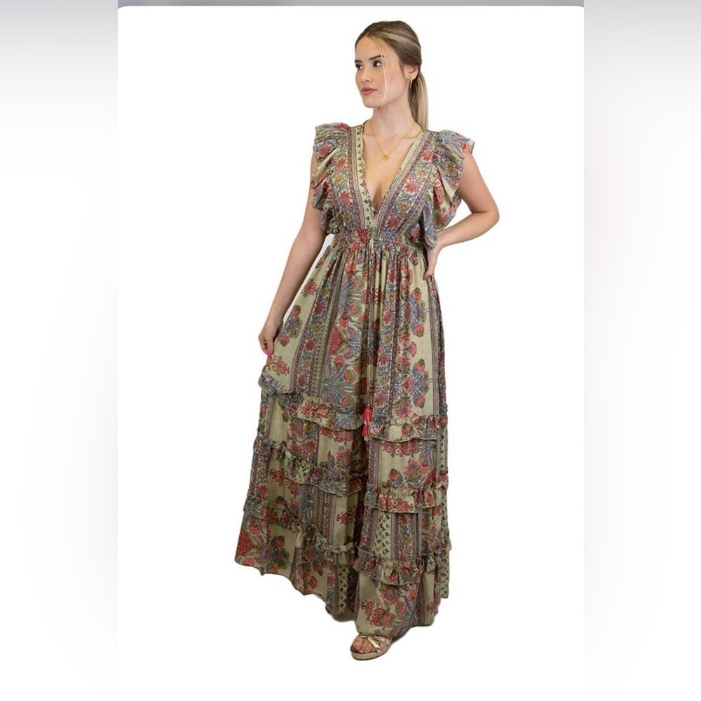 Kris-Ana Boho Floral Tiered Sage Green Maxi Dress  | Ruffle V-Neck | Size M/L